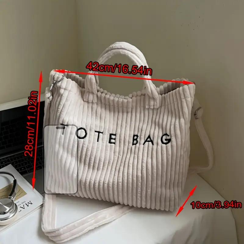 New Corduroy Women's Fashion Solid Color Soft Large Capacity Shoulder Bag with Letter Pattern Contrast Design Adjustable Strap Tote Bag Classic Square Work Bag for Work Shopping Dining as Gift