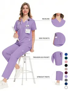 Elastic Scrub Set Operating Room Surgical Uniform Dental Veterinary Workwear Uniforms V-neck Short Sleeved Tops Pants Suit Wholesale