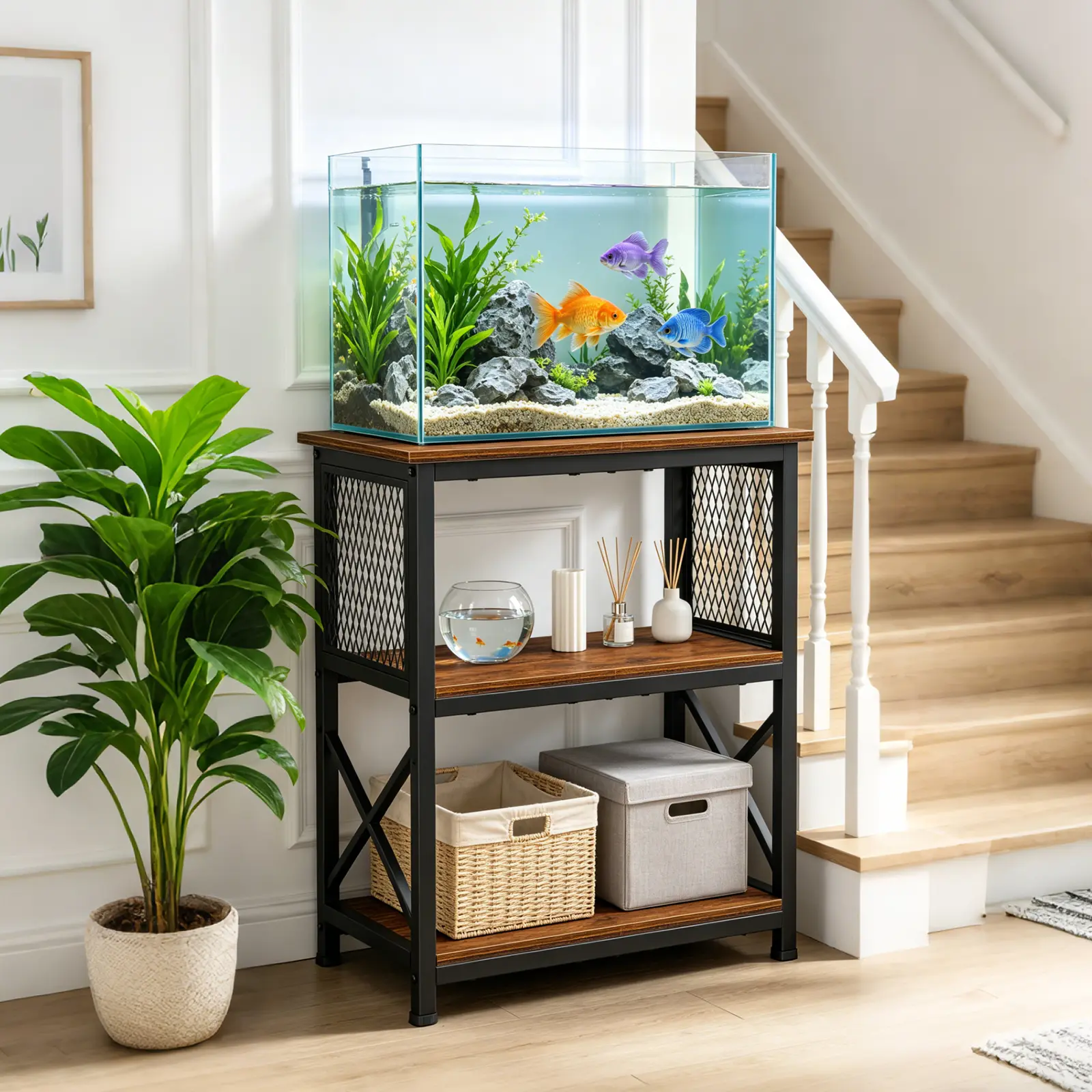 10 Gallon Aquarium Stand, 3 Tier Heavy Duty Fish Tank Stand with Storage Shelves, Reptile Turtle Tank Stand with Metal Frame for Home Office Up to 220LBS