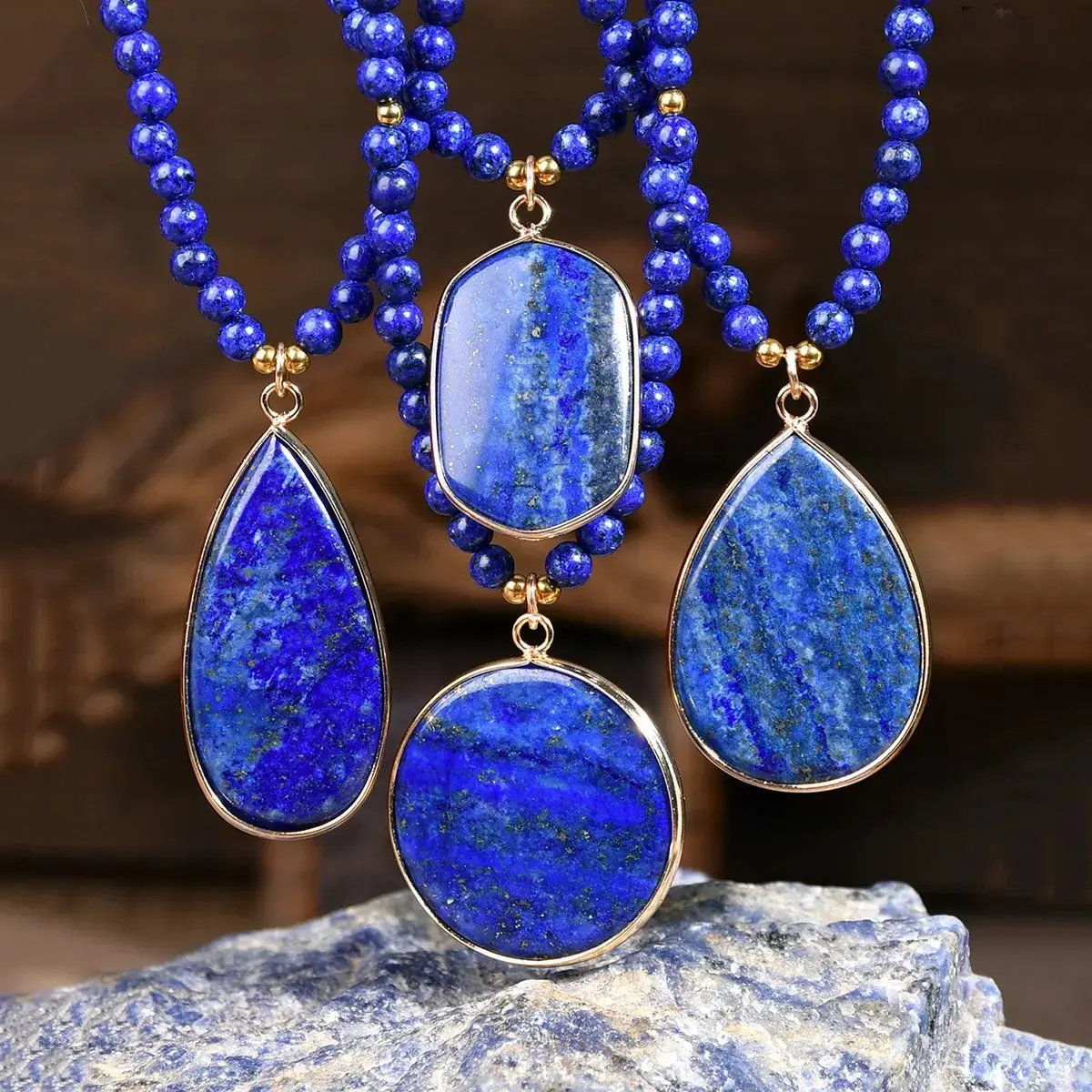 Women's Genuine Lapis Lazuli Pendant Beaded Necklace - Metal Plated Gold Chain, Hand-Selected Healing Crystal for Inner Peace, Intuitive Clarity, Wisdom, Yoga, Thoughtful Everyday Wear Jewelry, Bohemian Style
