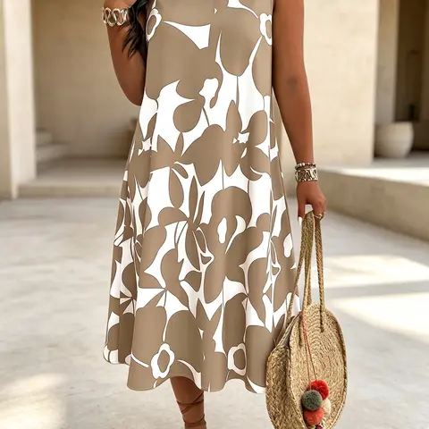 Plus Size Women's Sleeveless Midi Dress, Abstract Floral Print, Loose Round Neck A-Line Dress, Casual Summer Wear for Beach & Daily Wear, Beach Style Dress