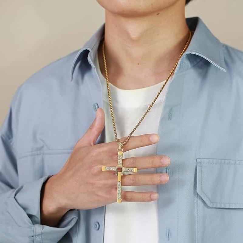 Cross Necklace for Men, Cross Pendant Necklace Stainless Steel Chains Sterling Silver Necklace Men's Cross Chain Jewelry Link Chain for Boys Fast and Furious