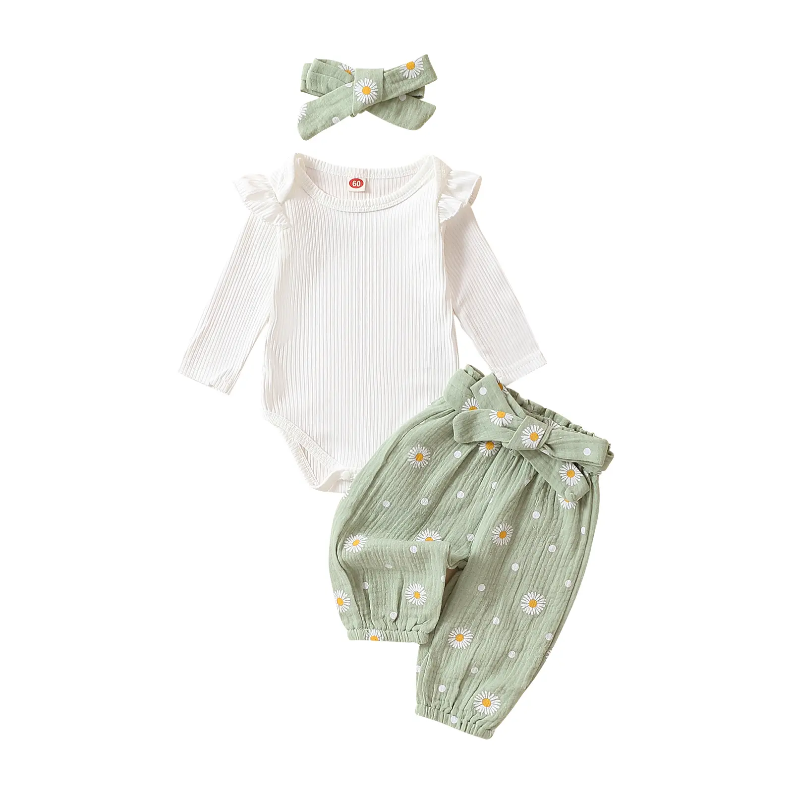 0-24M Newborn Baby Girl Fall Clothes Ruffle Romper Long Sleeve Daisy Print Pants Set Headband Clothes Set