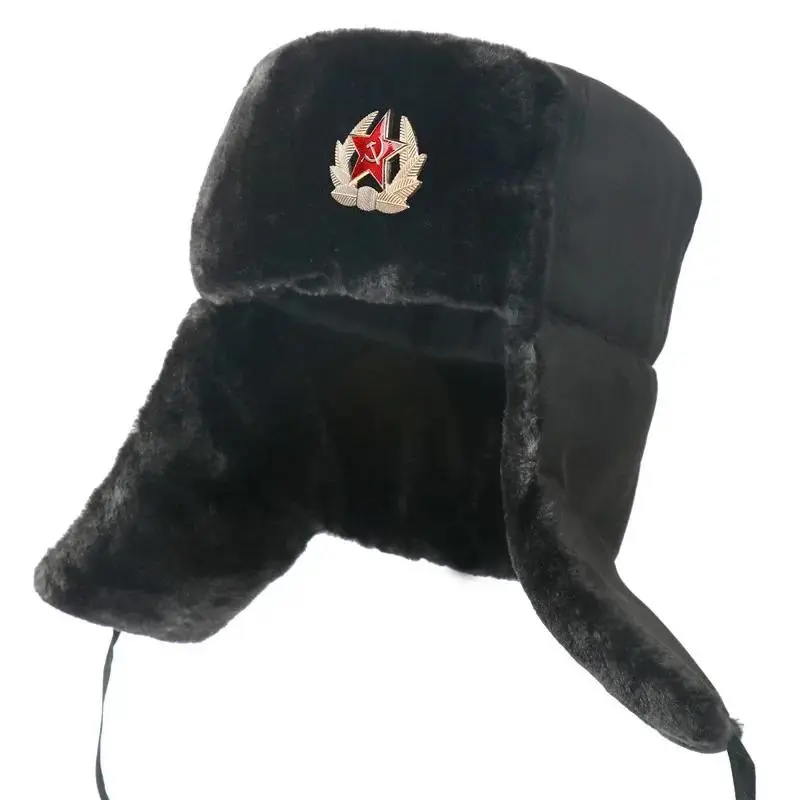 Retro Male Soviet Lei Feng Military Look Ushanka Hat - 56-60cm Head Circumference, Winter Outdoor Warm Thick Faux Rabbit Fur Windproof Snow Cap with Polyester Blend, Classic Novelty Toy Badge Emblem Accessory
