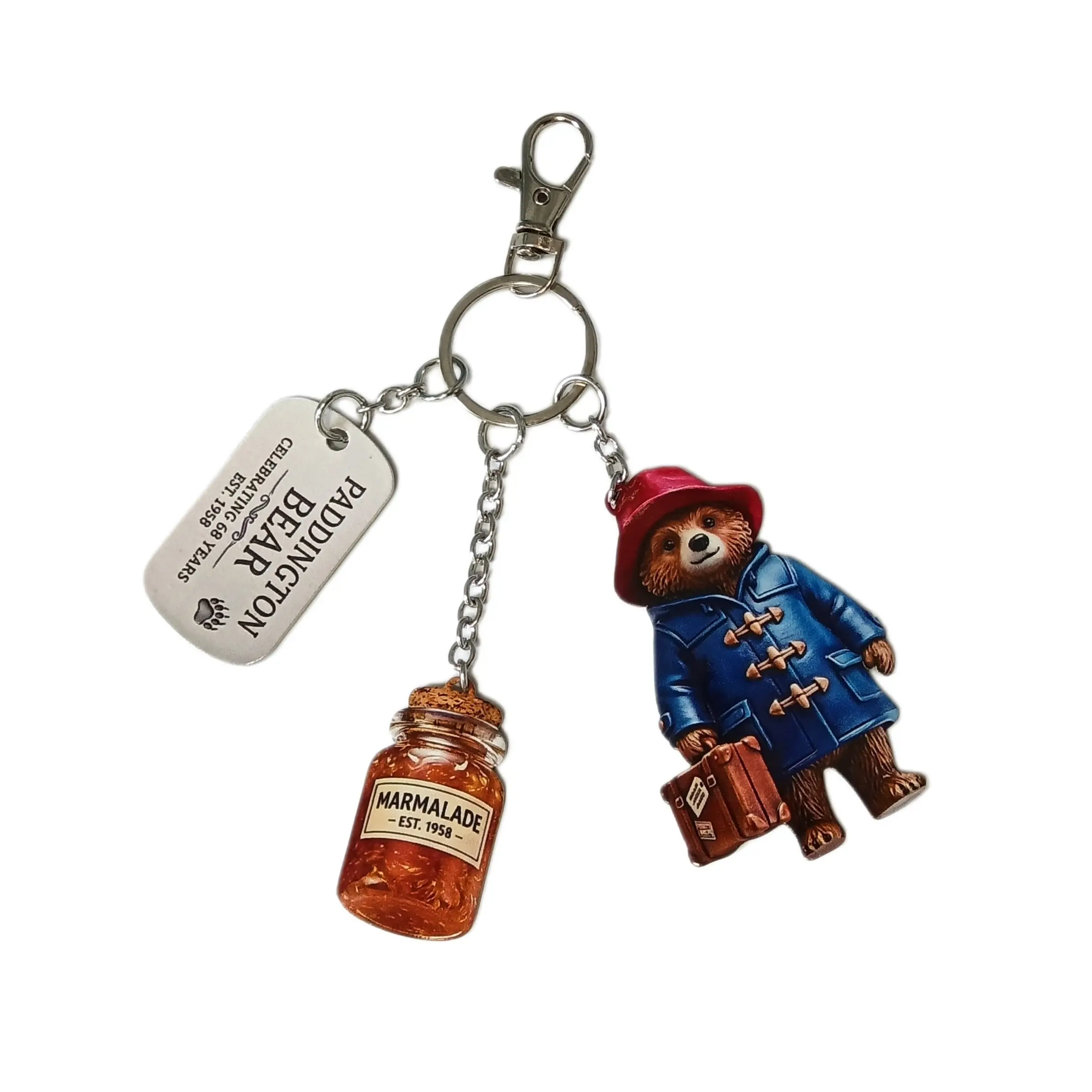 1pcs Paddington Bear Flat Keychain, British Vintage Small Bear Marmalade Glass Bottle Metal Tag, Backpack Key Decoration