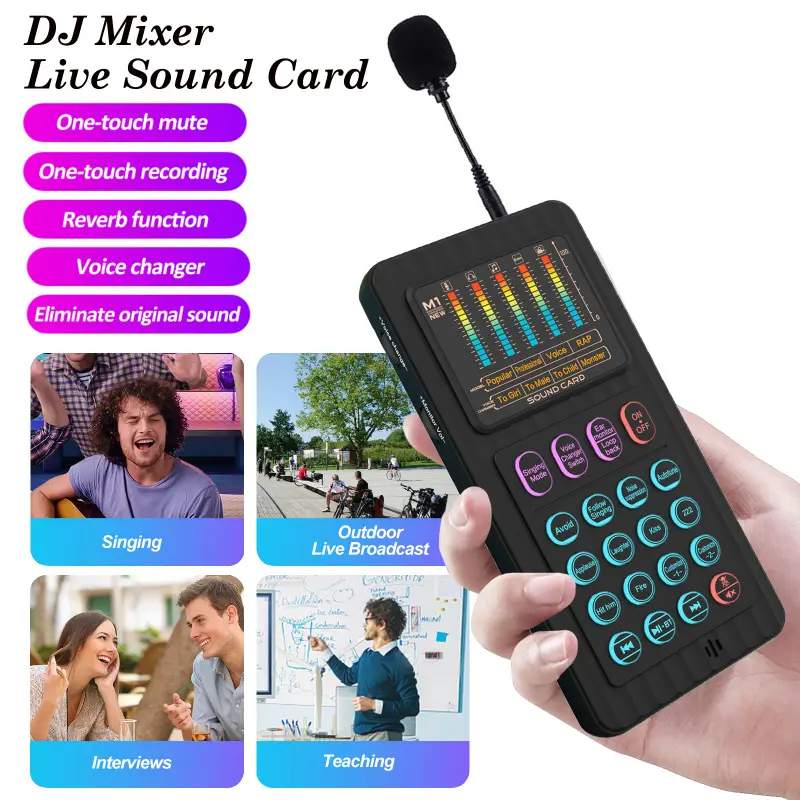 Handheld plug-in sound card, portable voice changer, audio mixer with voice changing/noise reduction functions, live streaming sound card with microphone headphone cable, Live sound cards, used for podcasts, broadcasting, singing