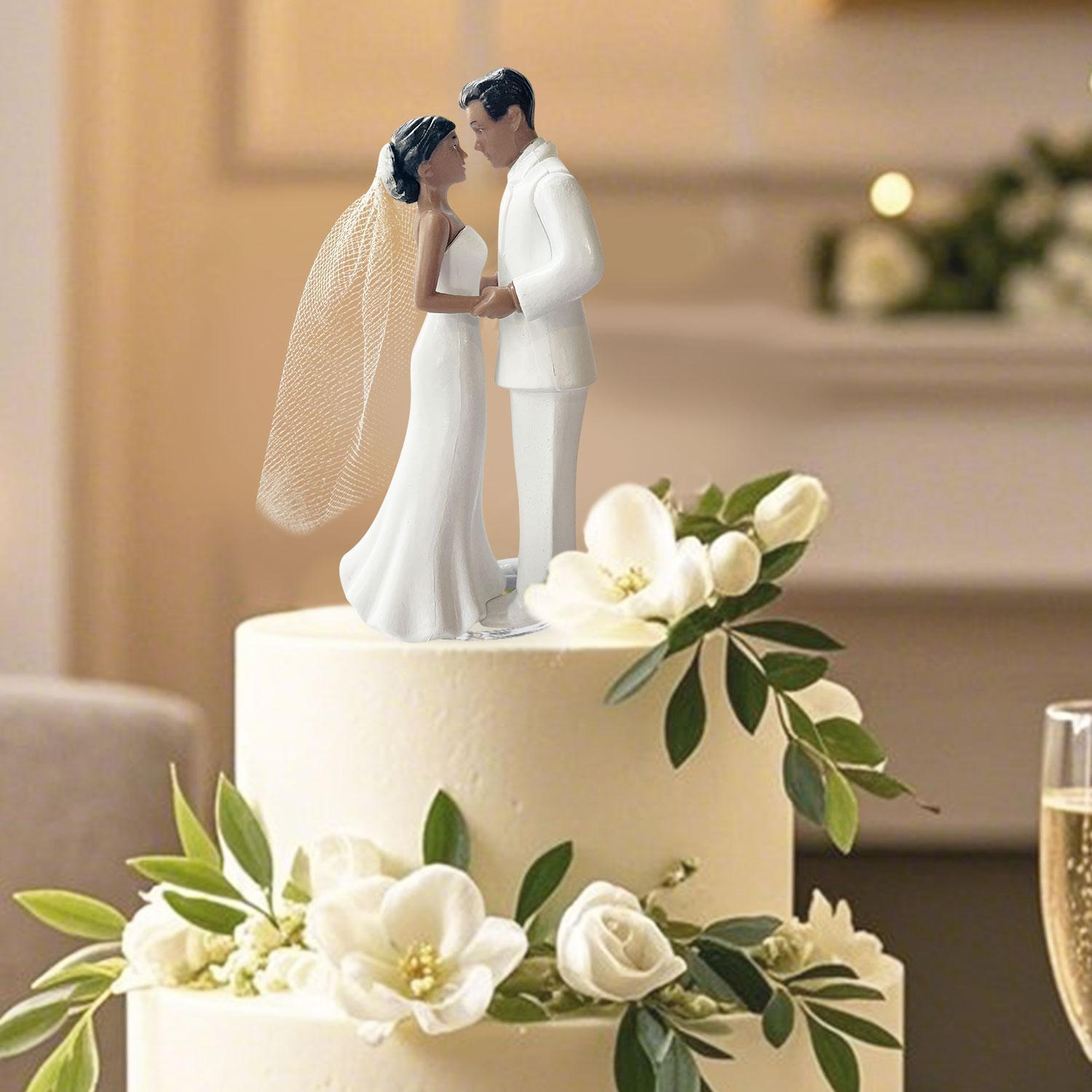 Elegant Bride & Groom Wedding Cake Topper with Veil 4.3" - Anniversary, Bridal Shower, Engagement Party Decoration