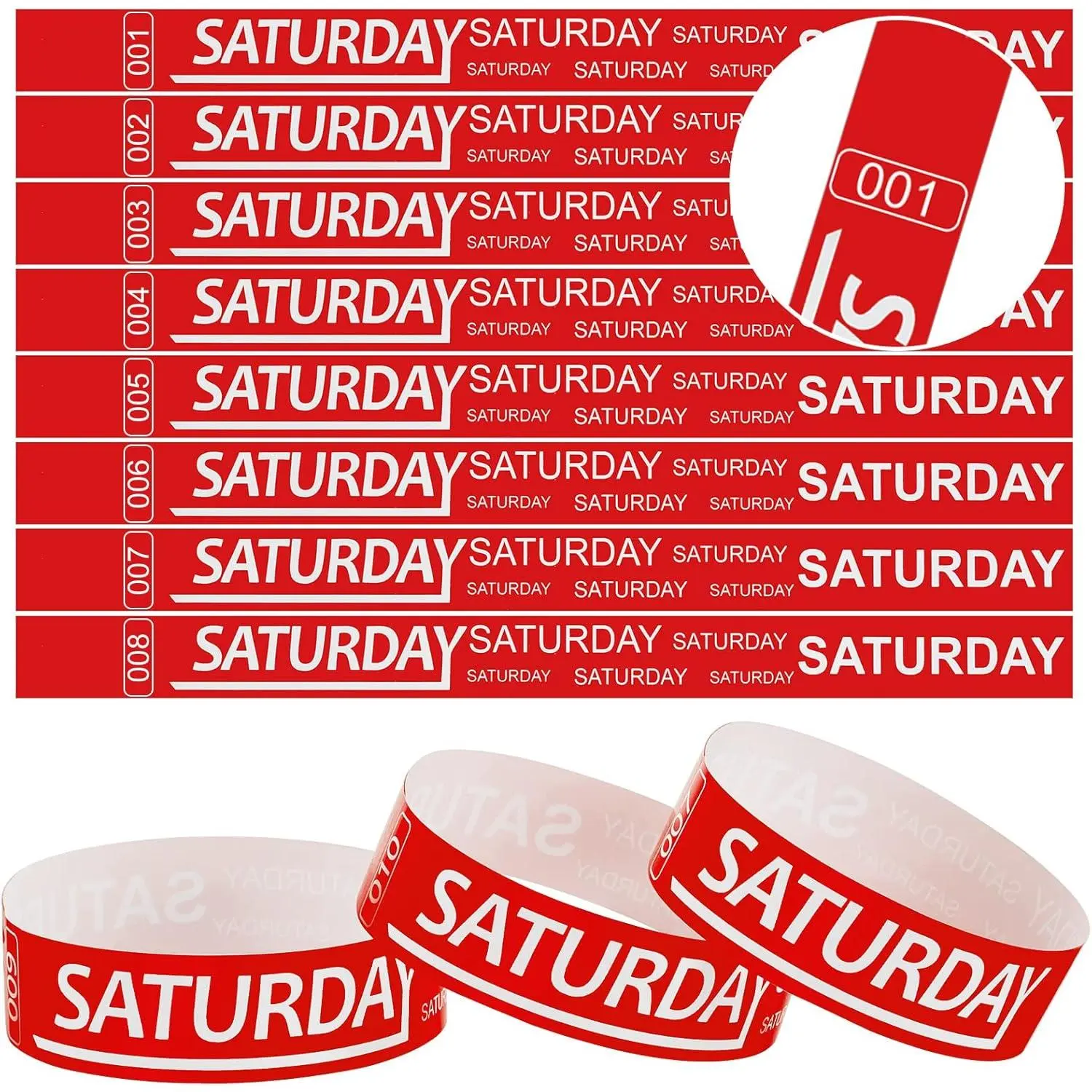 600 count Saturday Paper Wristbands Event Admission Paper Bracelets Numbered  Party Armbands for Events Day of the Week(Red)