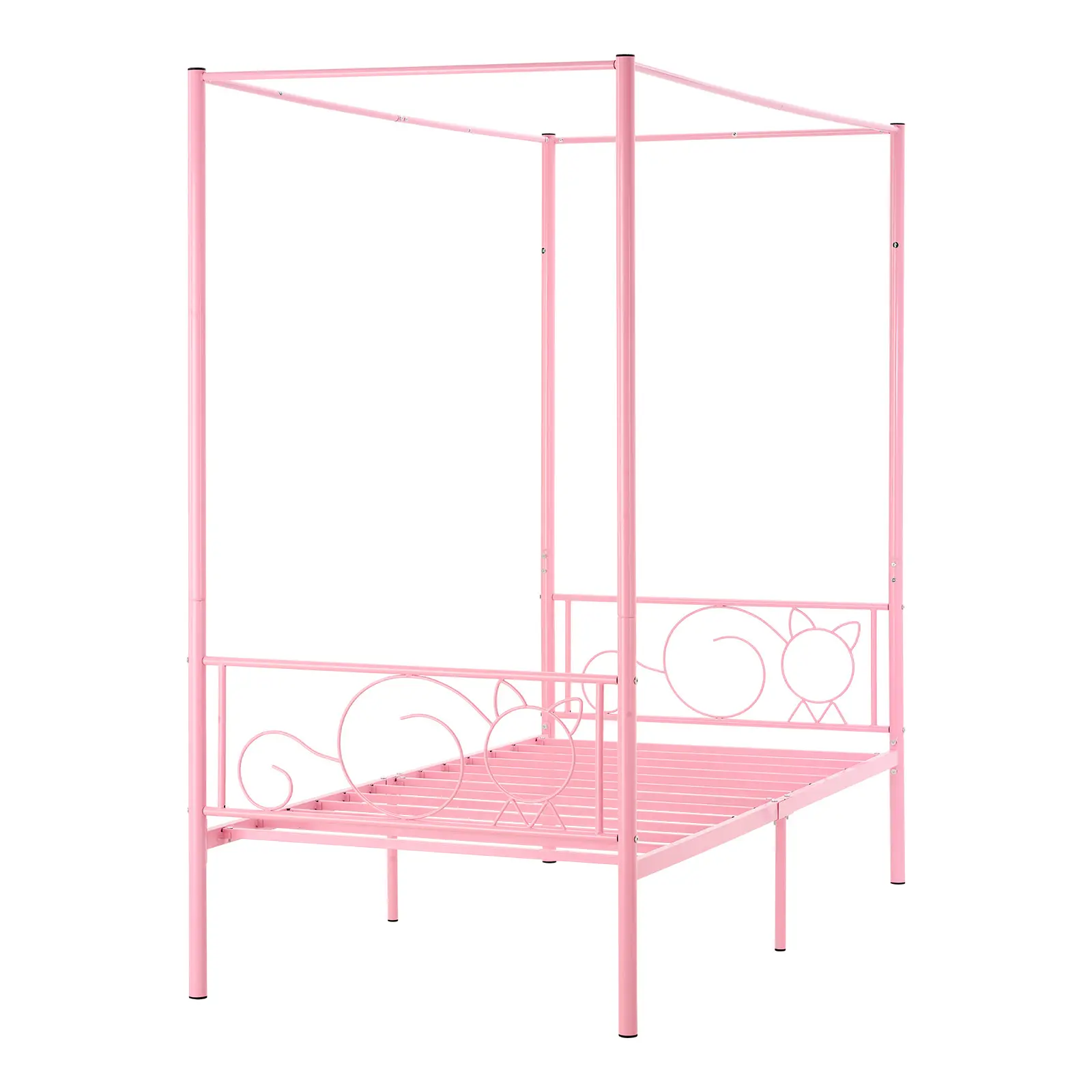 Twin Size Canopy Bed Frame, Metal Canopy Bed with Minimalist Headboard & Four Posters Design, Heavy Duty Steel Slats Support, Underbed Storage Space, No Box Spring Needed, Easy Assembly, Pink