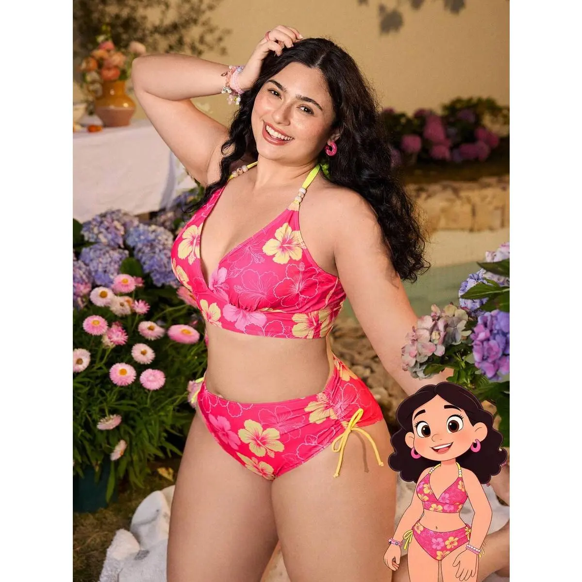 Women's Plus Size Floral Bikini Set, 2-Piece Halter Crisscross Swimsuit with Adjustable Tie Sides and Back, Machine Wash, Plus Size Fashion, Polyester Blend, Beach Swim, Two-Pieces