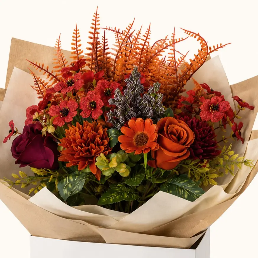 6pcs Artificial Roses with Flowers, Artificial Fake Flowers, Autumn Fern Leaf Decorative Flower Bouquet, Mixed Floral Arrangement, Elegant Flower Design, Perfect for Fall Decorations