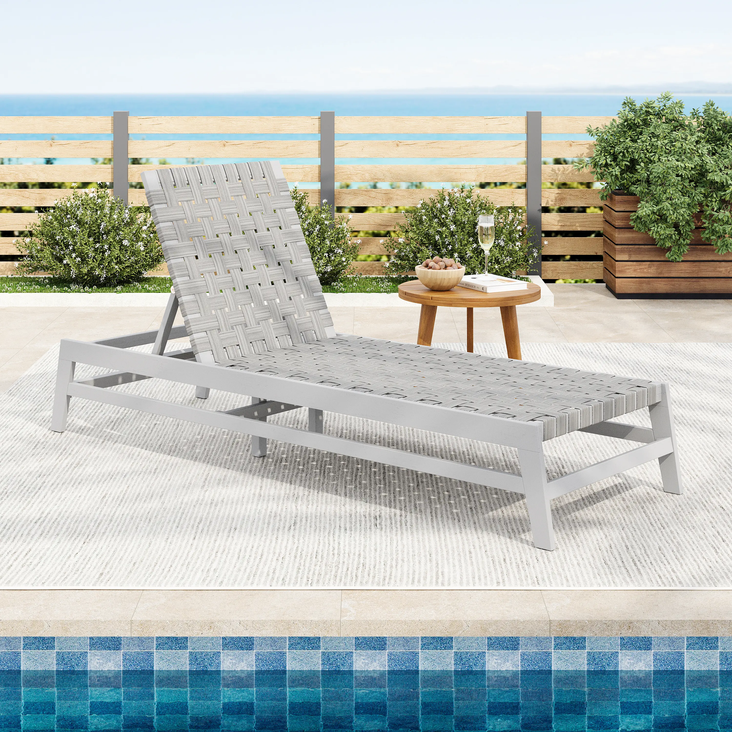 ARCH Outdoor Rope Chaise Lounge Chair - Sturdy Tropical Beach Poolside Patio Backyard Furniture, Adjustable Reclining Sun Lounger with Weather-Resistant Handwoven Rope-Style Wicker, Heavy Duty Aluminium Frame, Comfortable Cushion, Single Seat, Outdoor Sea