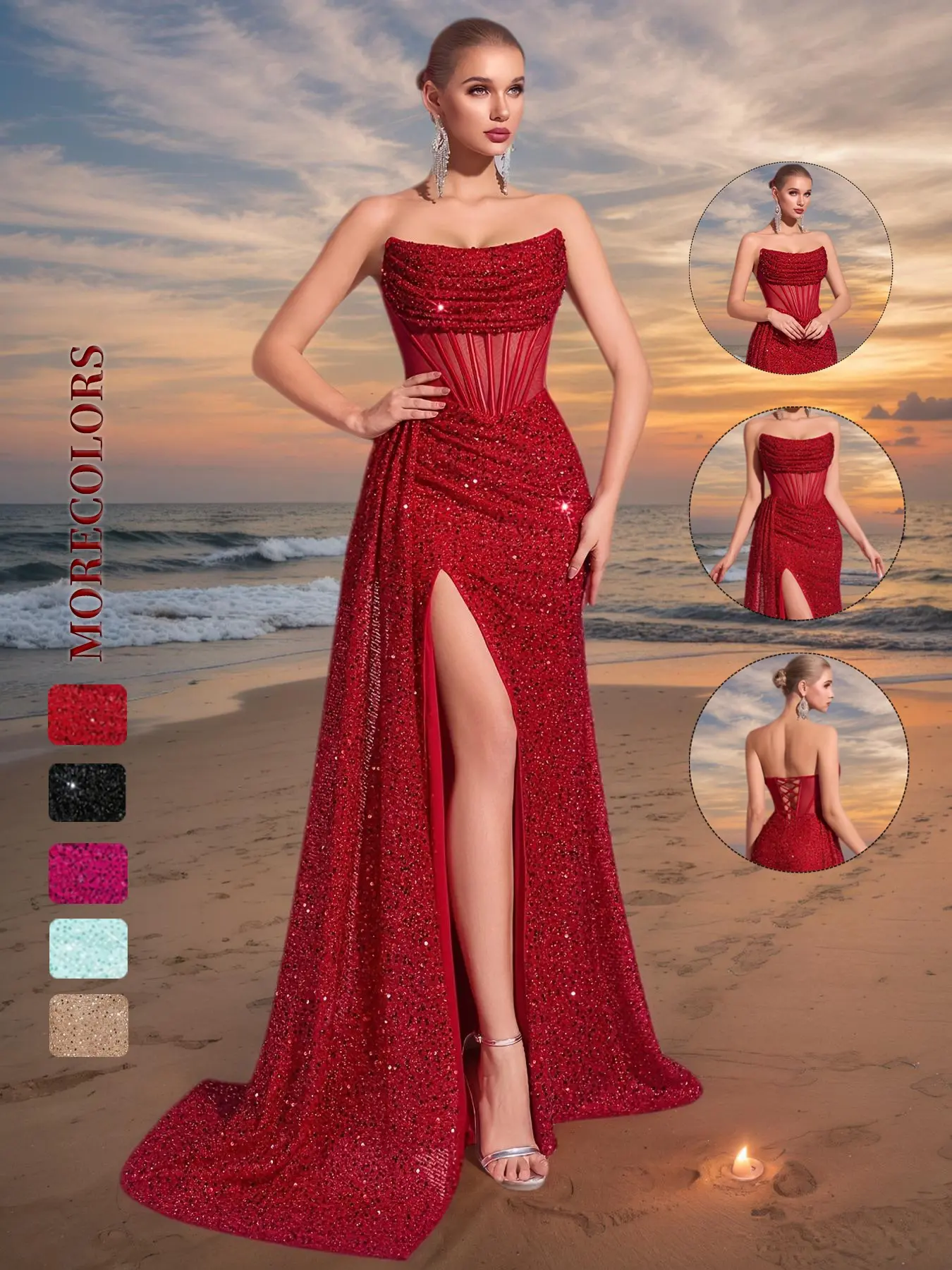 Elegant Women's Sequined Evening Gown Maxi, Strapless Sleeveless Long Sleeve A-Line Dress, Sparkling Formal Wear, Evening Party Dresses, Perfect for Parties & Weddings, Fit