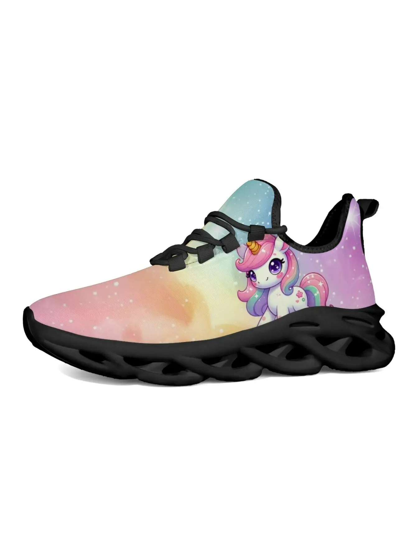 Kids Rainbow Unicorn Print Sneakers, Cute Cartoon Horse Pattern Running Shoes, Girls Colorful Gradient Casual Walking Footwear, Lightweight Mesh Breathable Platform Trainers for Little Girls Daily Outdoor Sports