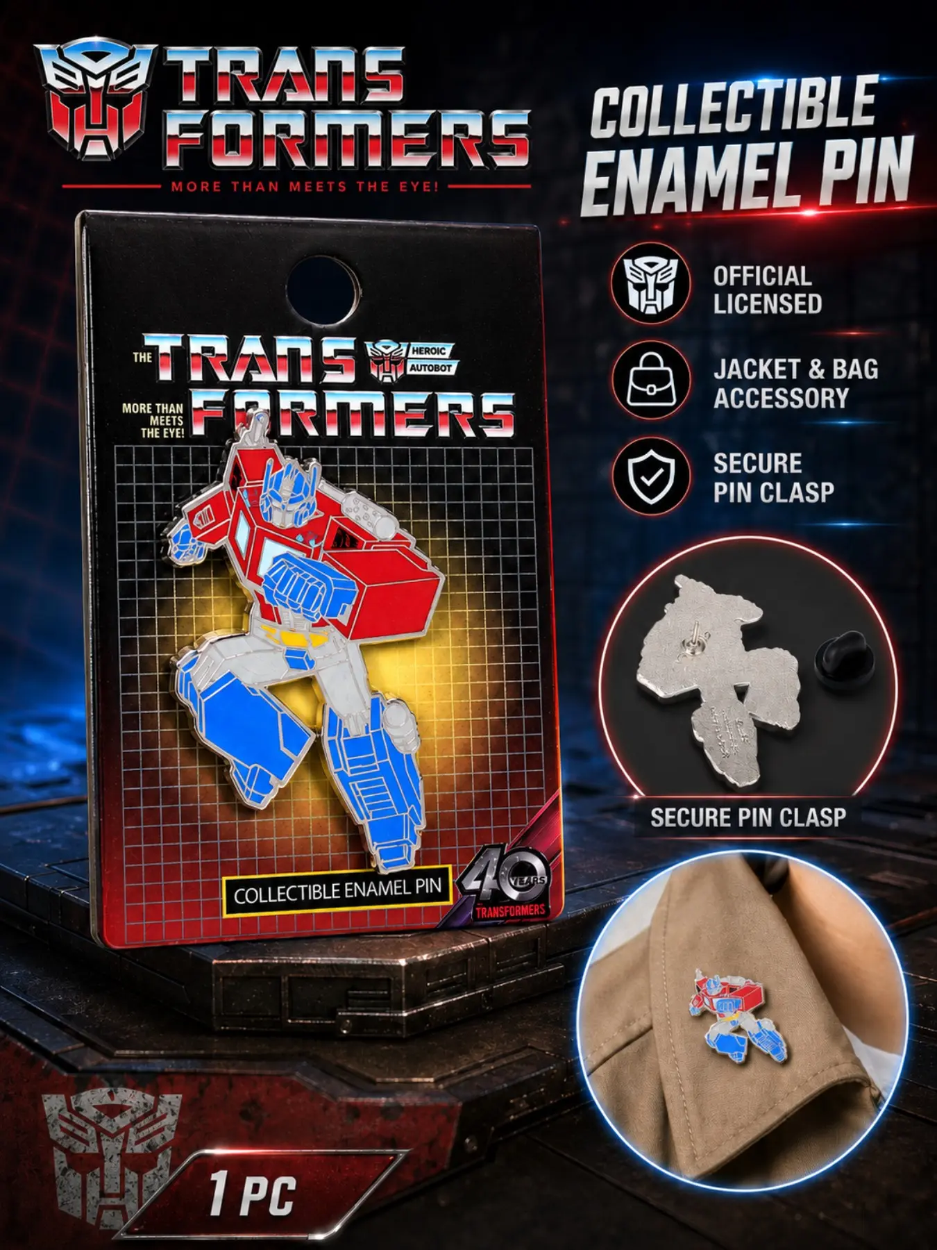 Hasbro Transformers Optimus Prime Enamel Pin, 40th Anniversary Collectible Brooch, Casual Cartoon Style, Perfect Gift for Men Fans
