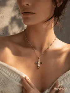 Dopamine Rainbow Cross Necklace | Y2K Babe Multicolor Zircon Pendant, Gold Plated Beaded Chain, Statement Jewelry for Layering, Parties & Daily Wear, Perfect Gift for Her