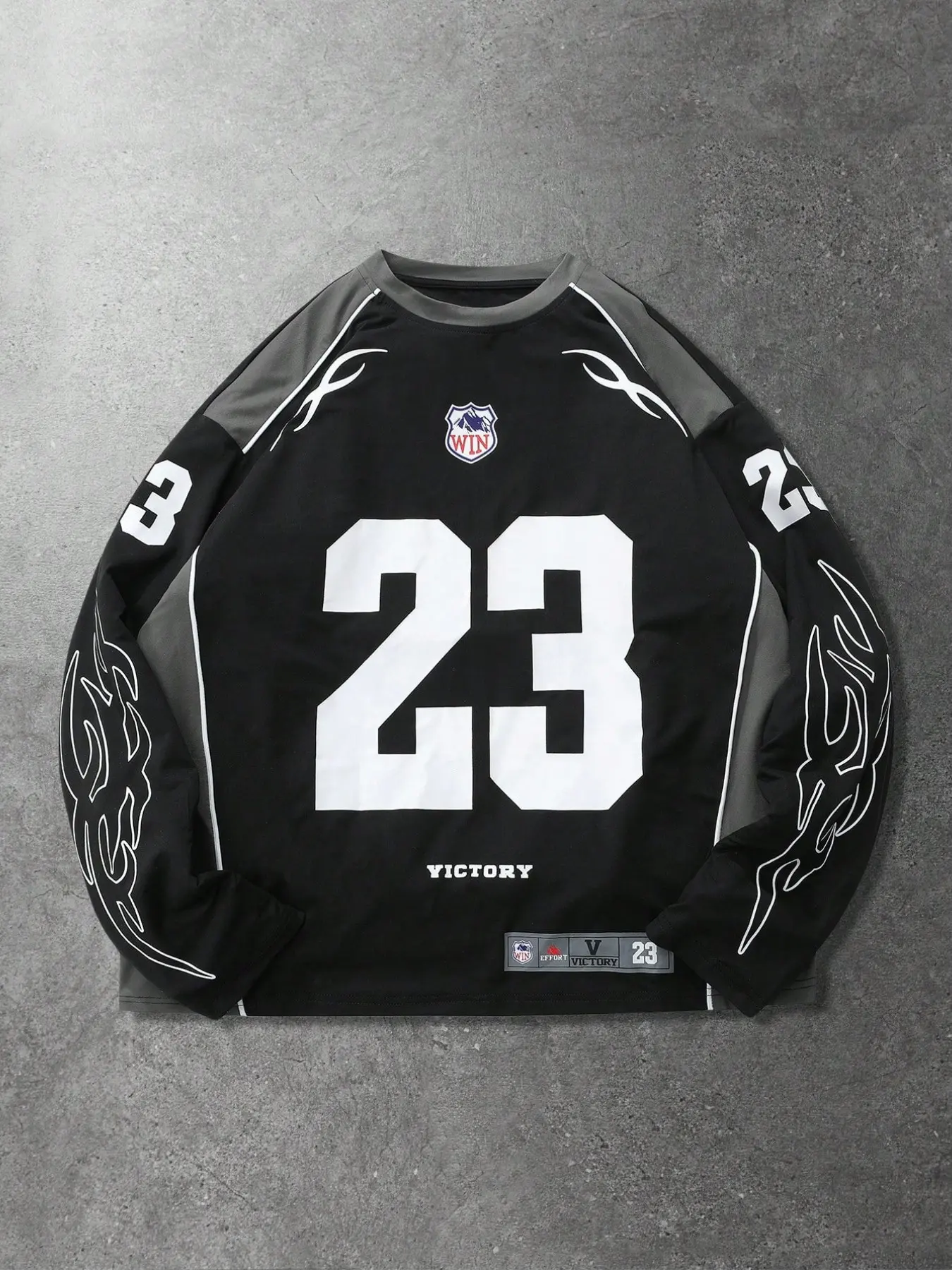 Men's Colorblock Raglan Long Sleeve Jersey, Y2K Digital 23 Flame Print Top, Loose Soft Breathable, Retro Streetwear, Hip Hop Daily Wear