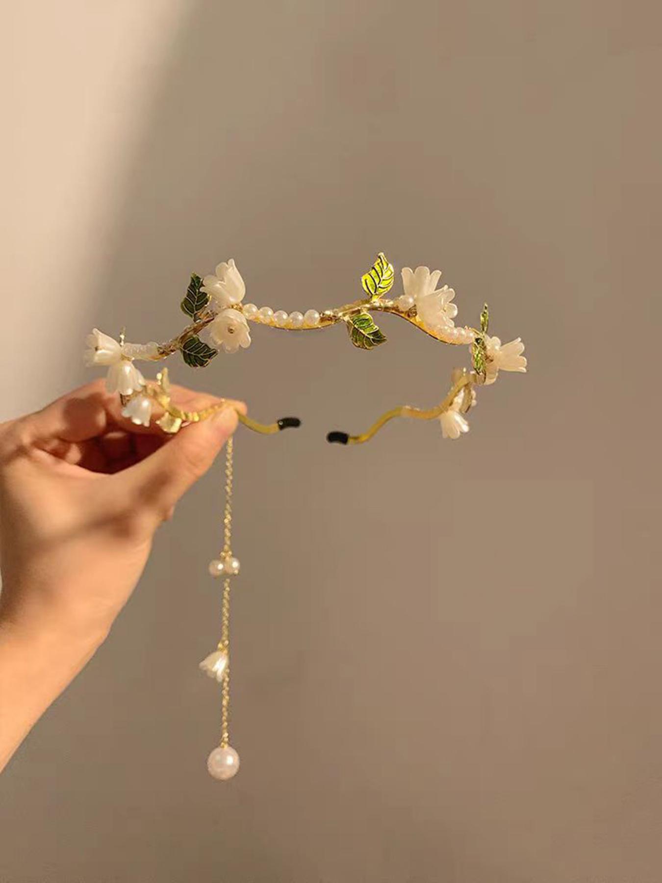 Faux Pearl Decorated Hair Hoop, Elegant Flower & Leaf Design Headband for Women & Girls, Fashion Hair Accessories for Party, Daily Decor, Trendy All-match & Exquisite Princess Hair Hoop for Gift, Chic Headbands