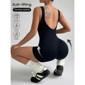 Women’s Seamless U Open Back Short Workout Jumpsuit, High Stretch Tummy Support Contour Fit Above Knee Athletic Bodysuit, Lightweight Summer Sporty Onesie for Yoga Pilates Cycling Running Outdoor Casual Wear