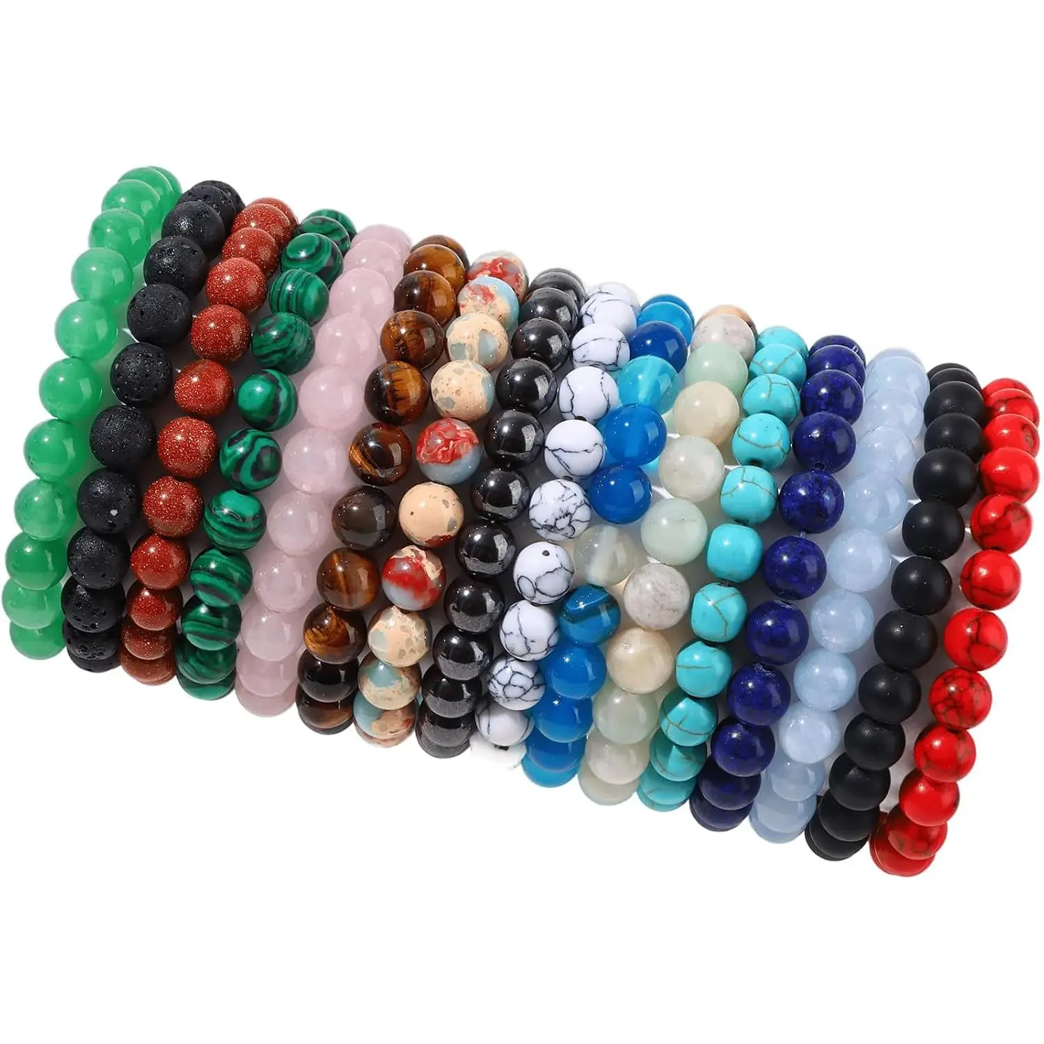 16Pcs 8mm Natural Stone Beaded Bracelets for Women Men, Colorful Gemstone Stretch Bracelet Set with Tiger Eye, Lava Rock, Howlite, Turquoise & More