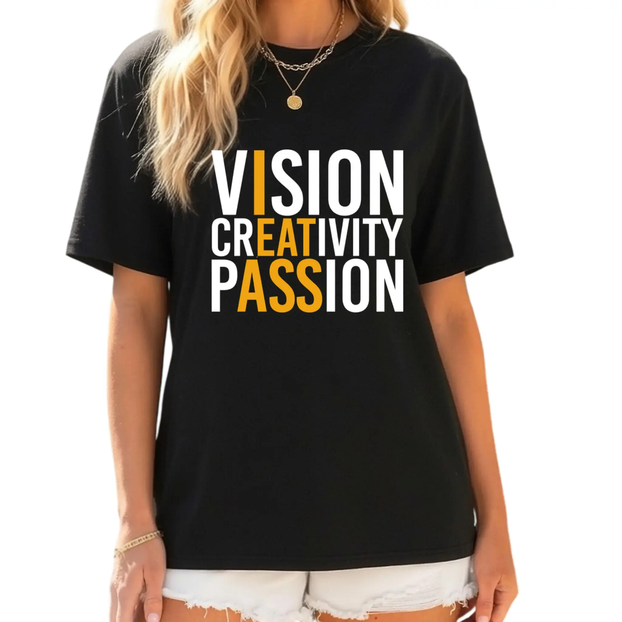 Women's Cloud Cotton Oversized Loose Crew Neck Short-Sleeve Tee - Vision Creativity Passion Positive Quote Graphic, Soft Comfortable Streetwear Top for Summer Daily Outings