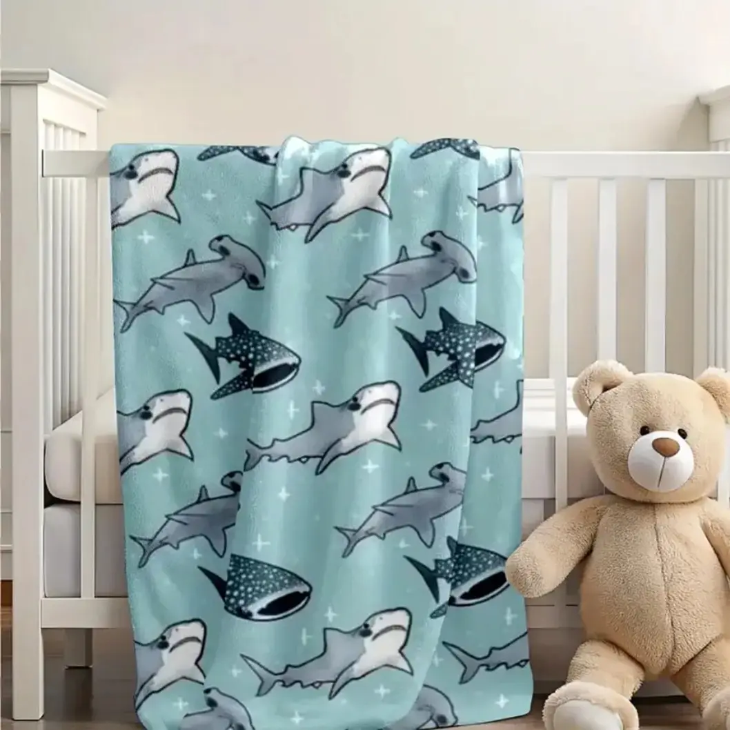 Flannel Throw Blanket Modern Shark Whale Ocean Design, Soft Cozy Animal Theme Decorative Blanket, Multi-Purpose Sofa Bed Car Outdoor Garden Home Decor Gift for Adults Kids, Animal Blankets, throw blankets, blankets