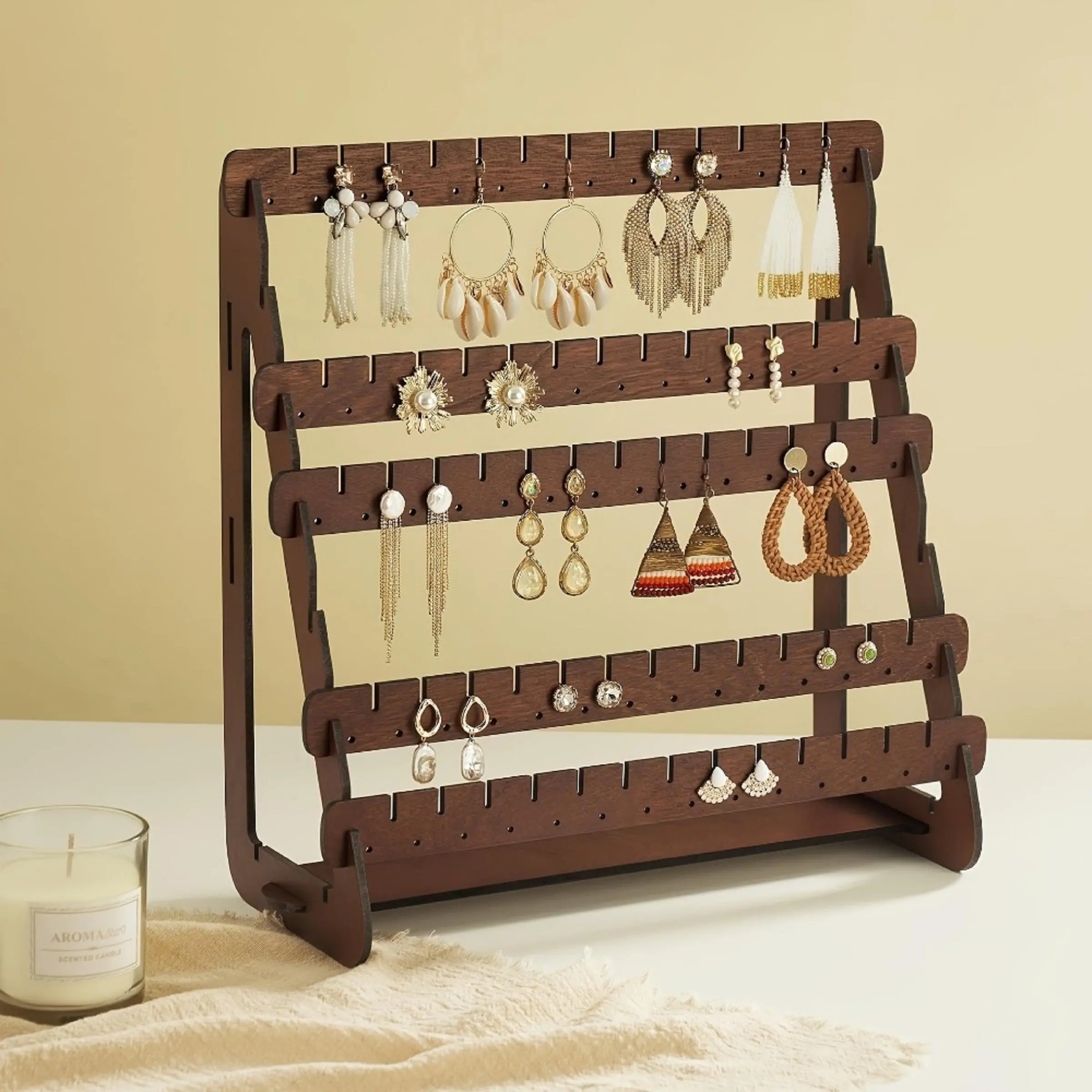 Vintage Wooden Earring Holder Organizer with Detachable Tray, Desktop Display Stand for Studs and Jewelry, Easy Assembly, Practical Hooks