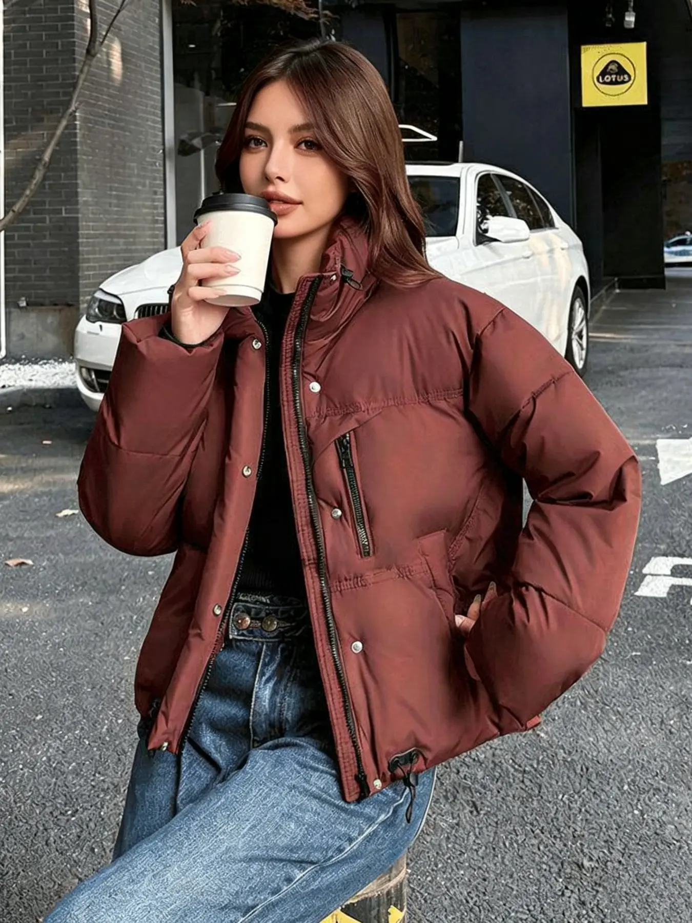 2026 Fall Winter New Wine Stand Collar Short Cotton Coat for Women, Loose Drawstring Hem Zip Pocket Thick Windproof Jacket