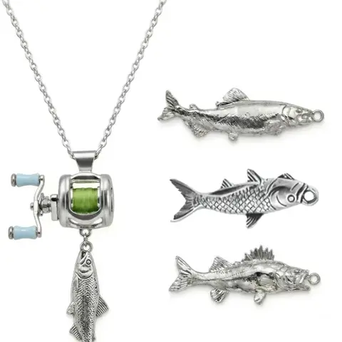 Fishing Reel Necklace, Mini Fishing Reel Necklace for Men with Rotating Handle, Silvery Fish Necklace Pendant, Gift Necklace