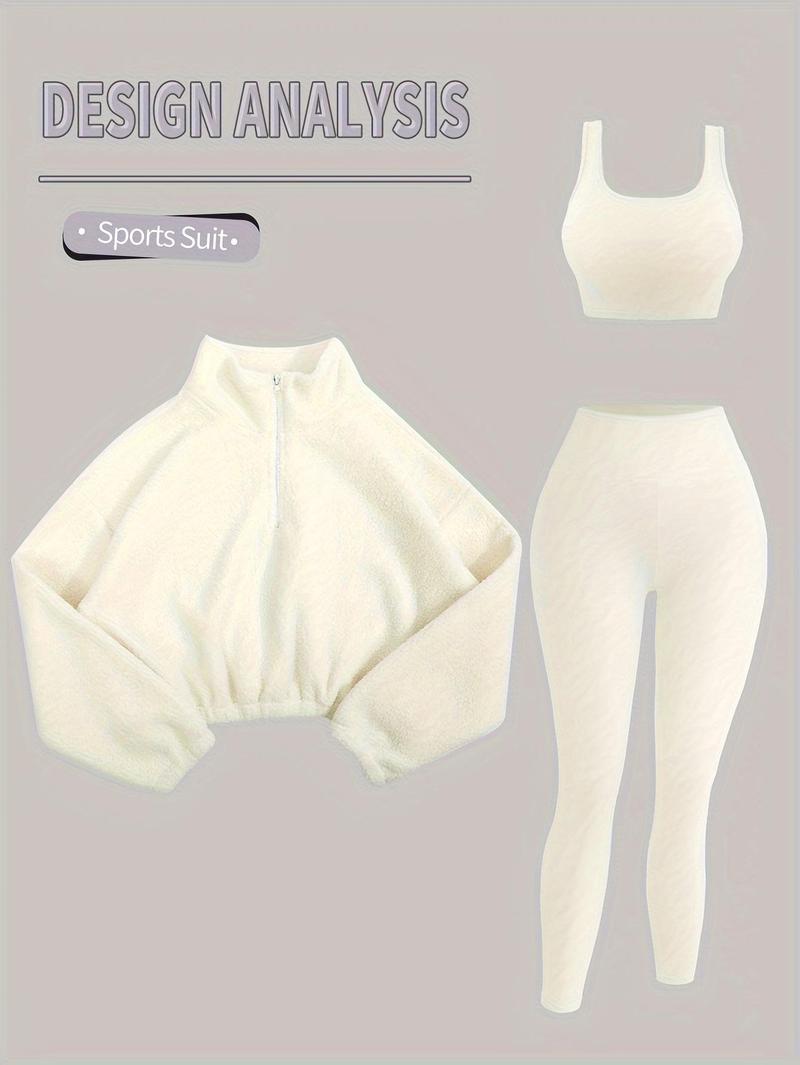 Amoyer 3-Piece Tracksuit Set for Women, fleece-lined zip jacket + top + high-waist pants, cozy winter activewear for gym, running, travel