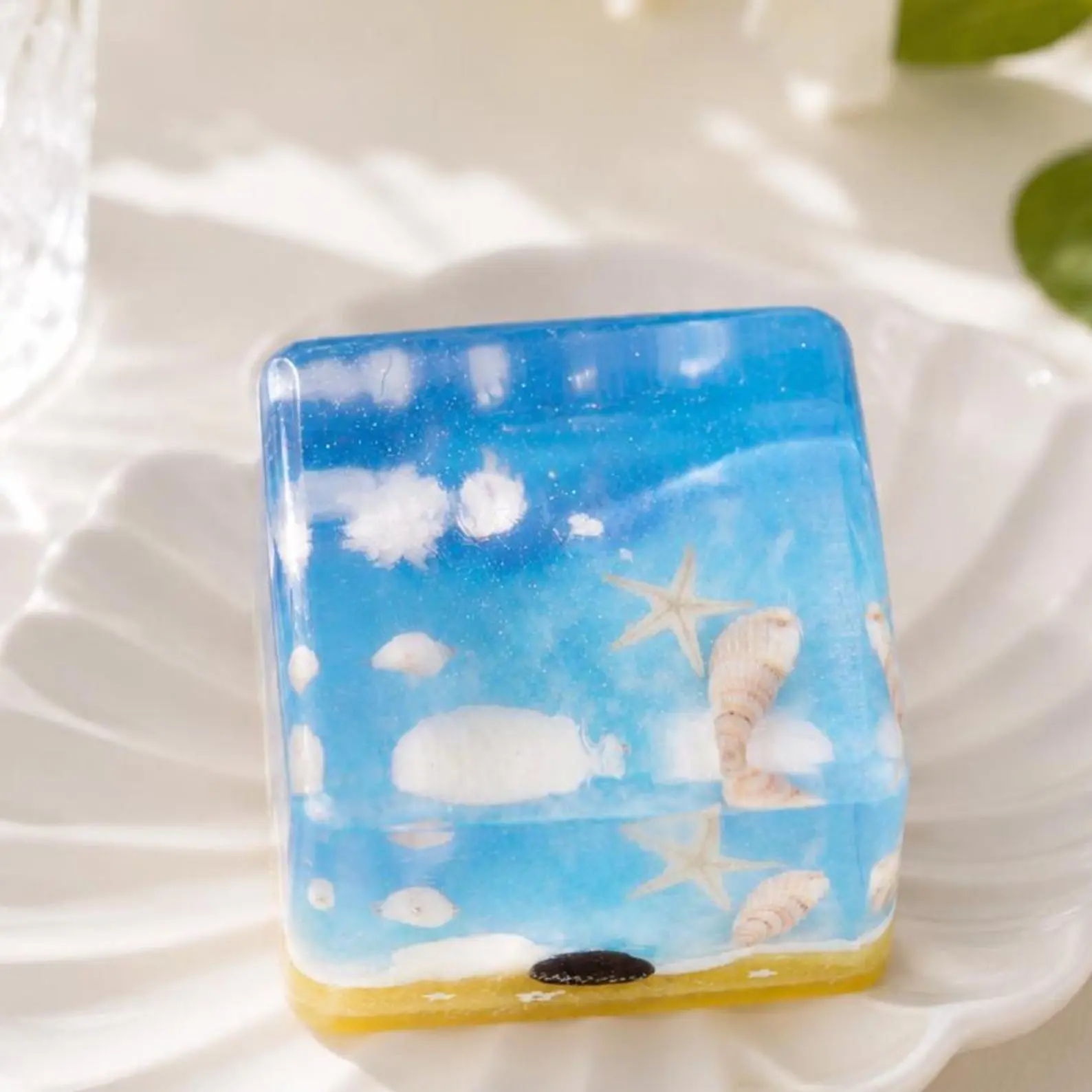 Handmade Clear Beach Cube Squishy, Stress Relief Fidget Toy, Home Decor, Ocean Lovers Gift