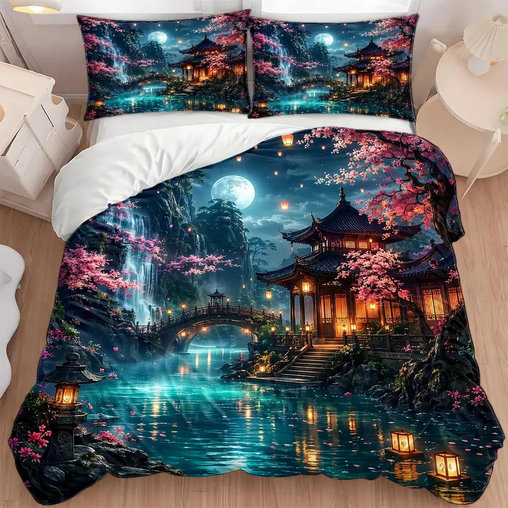 3PC Chinese-Inspired Ancient Moonlight Pavilion Waterfall Cherry Blossom Bedding Set, 1 Duvet Cover + 2 Pillowcases, All-Season, Machine-Washable, Invisible Zipper Double Bed Cover, Ideal for Home & Dormitory