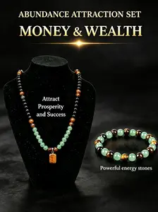 Amulet jade bracelet and money necklace set for men and women; money attraction bracelet; long protective bead necklace; Feng Shui wealth crystal; hematite obsidian; tiger's eye jewelry gifts.
