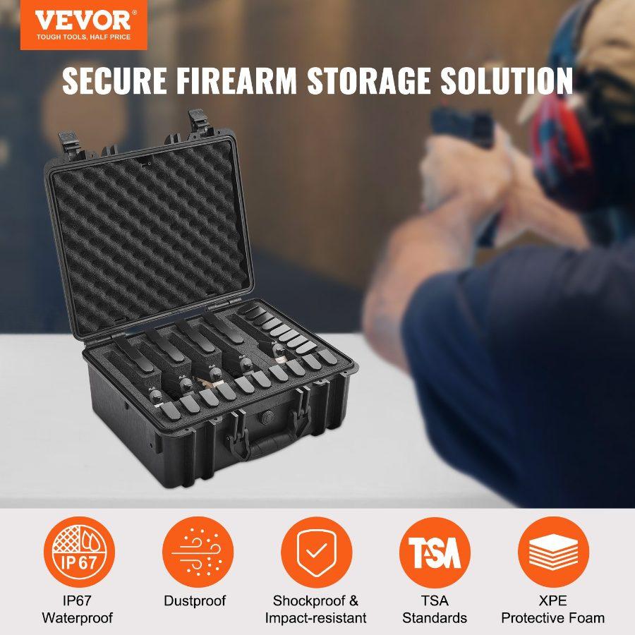 VEVOR Hard Pistol Cases with Pre-cut Lining, Waterproof Dustproof Hard Gun Case for 5 Pistol, 18.9×16.3×8.5 in Lockable Pistol Case, Black, 18.9X16.3x8.5"