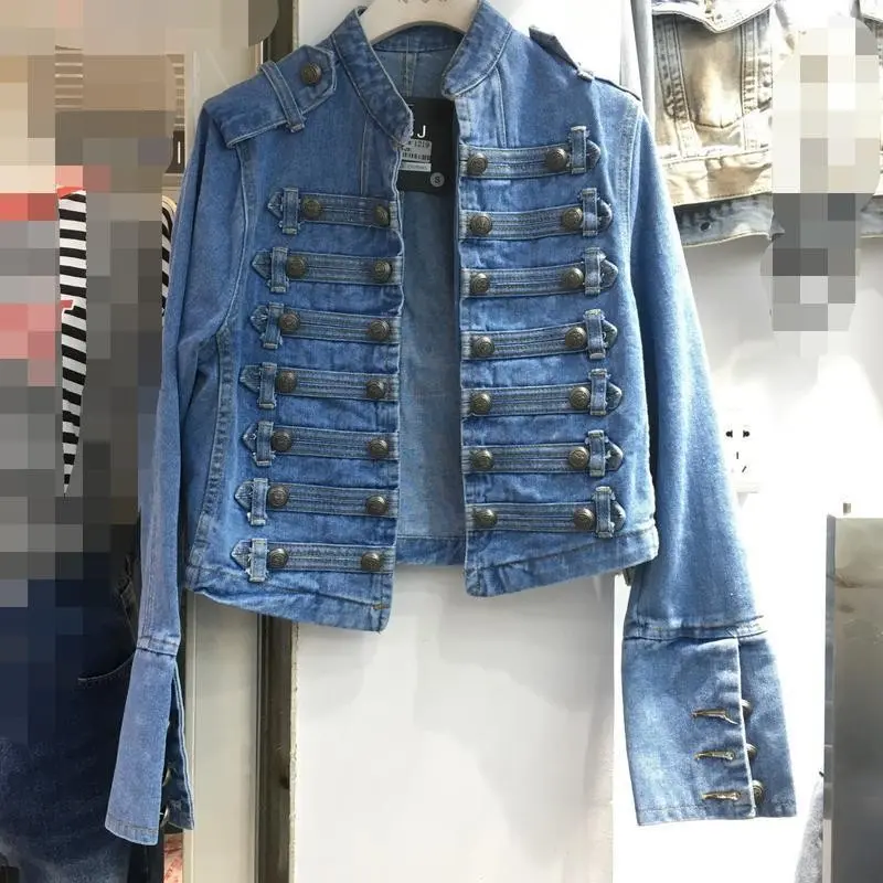 Vintage Military Style Handsome Stand Collar Denim Jacket Women Double-Breasted Wild Slim Fit Short Denim Jacket Women's Coat Casual