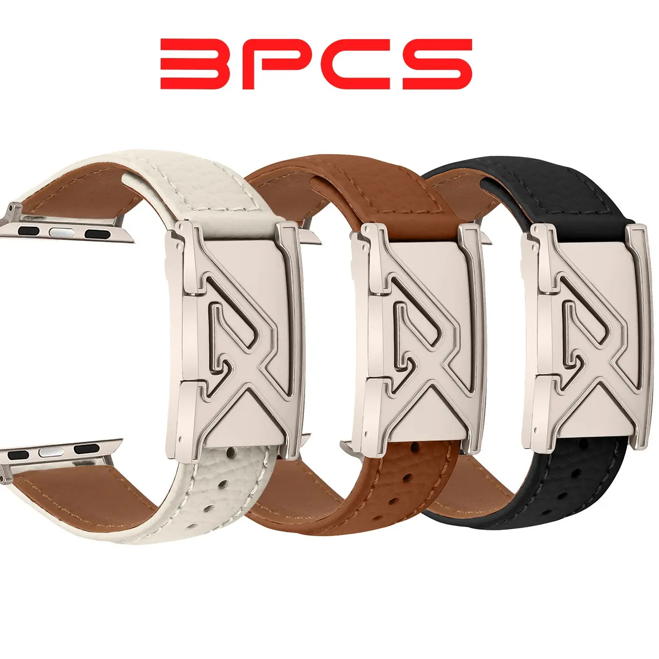 3 Pcs Silver Color Engraved Letter Clasps for Leather Watch Straps, Litchi-Texture, Suitable for Apple Watches, Multiple Combinations