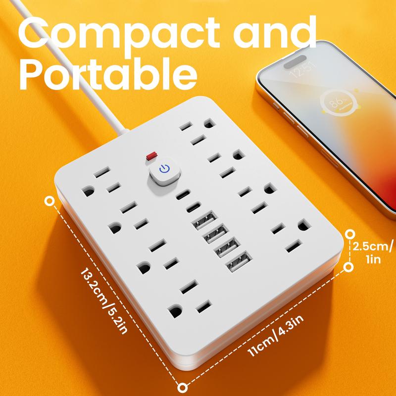 14-in-1 surge-protected power strip with 8 AC ports, 4 USB ports & 2 Type-C ports. Wall-mountable US plug power extension with overload protection and independent controls—essential for home/office safety. Available in 5ft or 10ft cords.