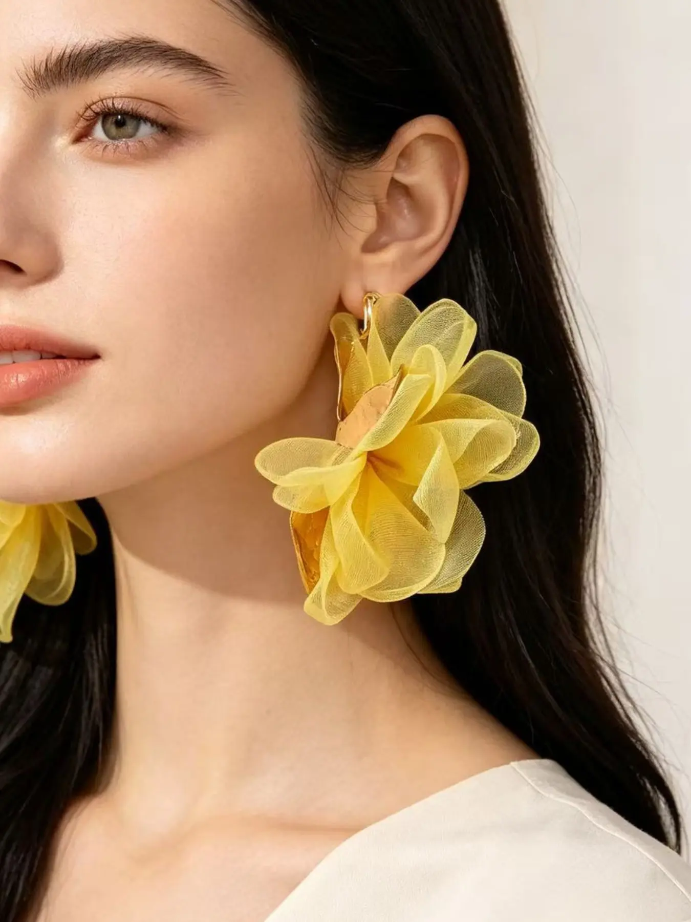 Yellow Organza Flower Earrings with Hammered Gold Petal, Elegant Large Floral Studs for Women, Party & Wedding Statement Jewelry