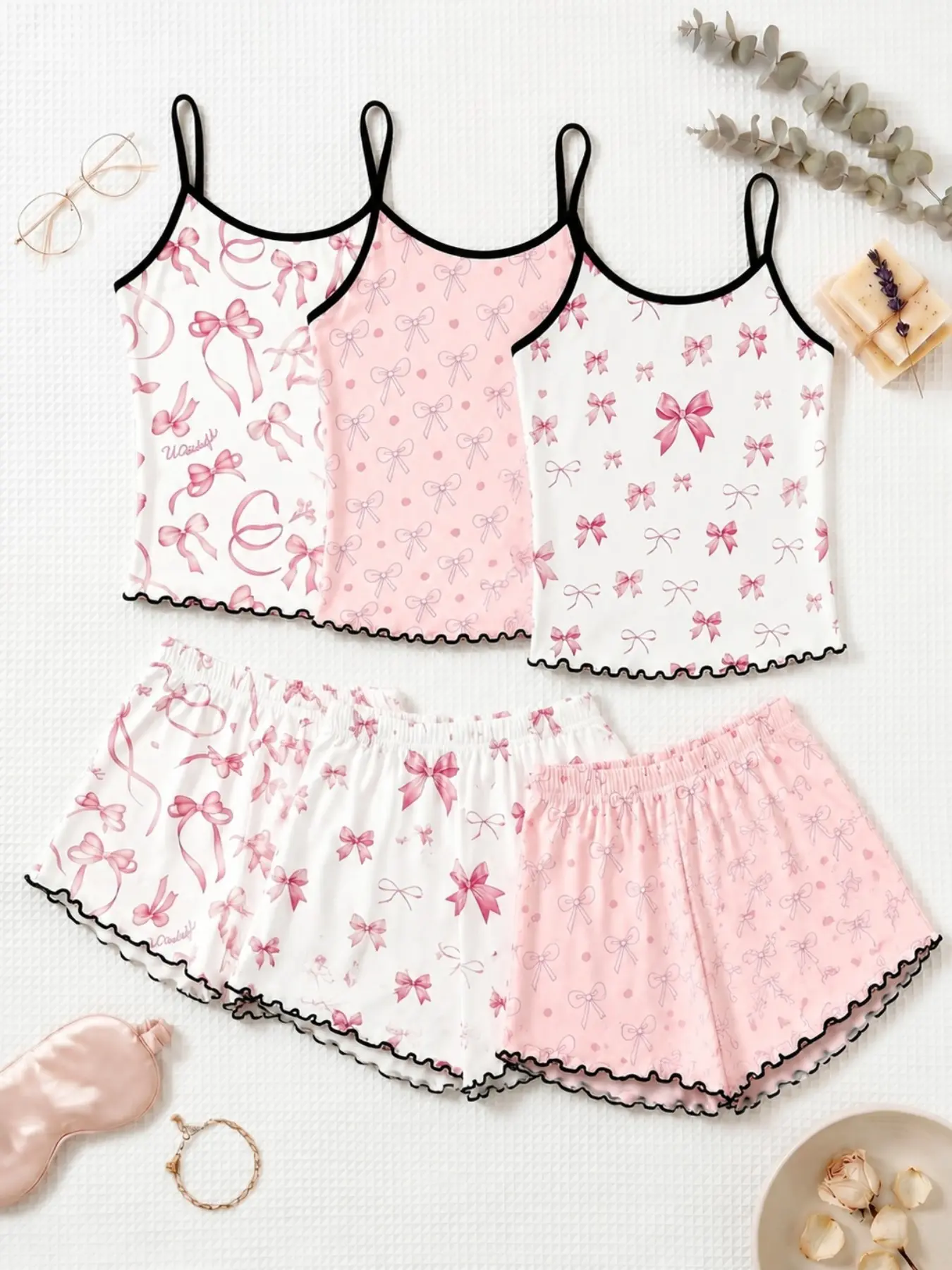 6 Piece Set Viral 2026 Trending Best Seller Women's Sleepwear Allover Pink Bow Knot Print Summer Spaghetti Strap Cami Shorts Contrast Trim Ruffle Hem Ultra Soft Pajama Set Lightweight Comfy Breathable Casual Nightwear for Daily Wear