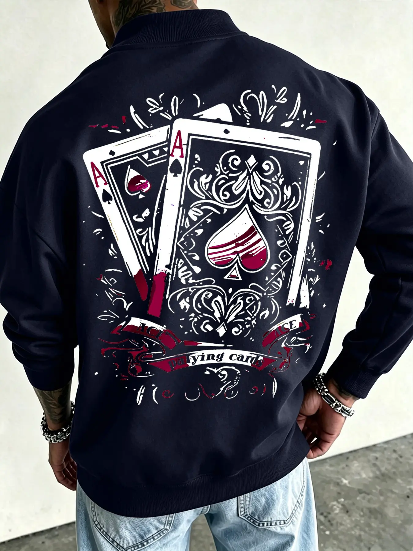 Men's Baseball Jacket with Ace Poker Print, Sporty Loose-Fit Outerwear, All-Season Smooth Casual Coat, American Retro High Street Style