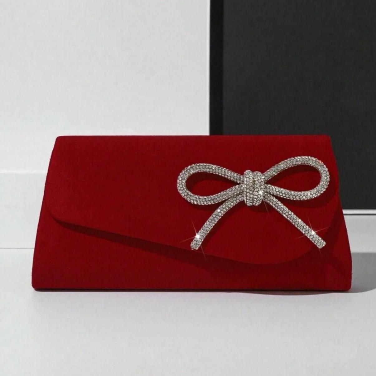 Red Mini Handbag Clutch Sparkly Rhinestone Bow Decor Purse Women Evening Bag Crossbodybag Shoulderbag With Chain For Party & Wedding, Perfect Valentine's Day Gift