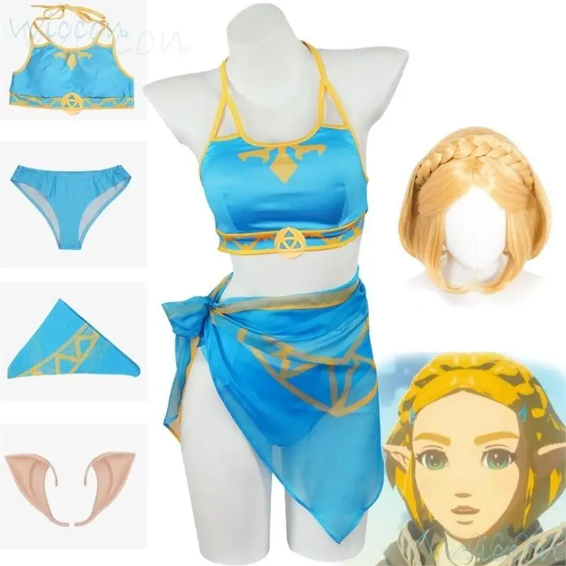 Women's 2026 Polyester Princess Theme Bikini Swimsuit & Golden Wig Set, Cosplay Outfit for Summer Beach, Halloween Party (Game Princess Tears, Legend, Blue)