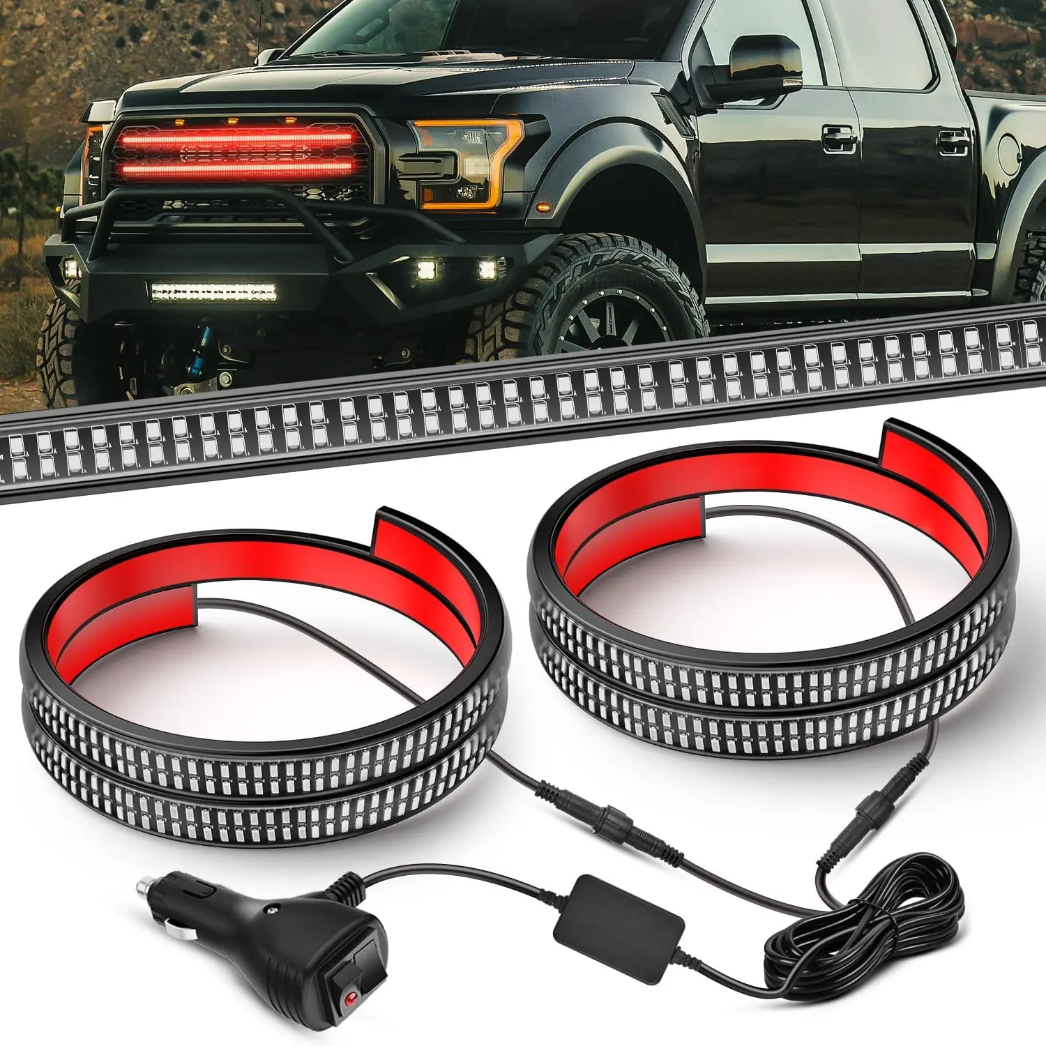 Nilight 2PCS 24in Truck Grille LED Flash Strip Light Bars - 384-LED Red Flexible 2 In 1 Work Light, Waterproof Caution Safety Kit with Buckle, Zip Ties, PVC Hose for Trucks, Trailers, Peel Stick, Flashing Light Bar, Led Lightbar