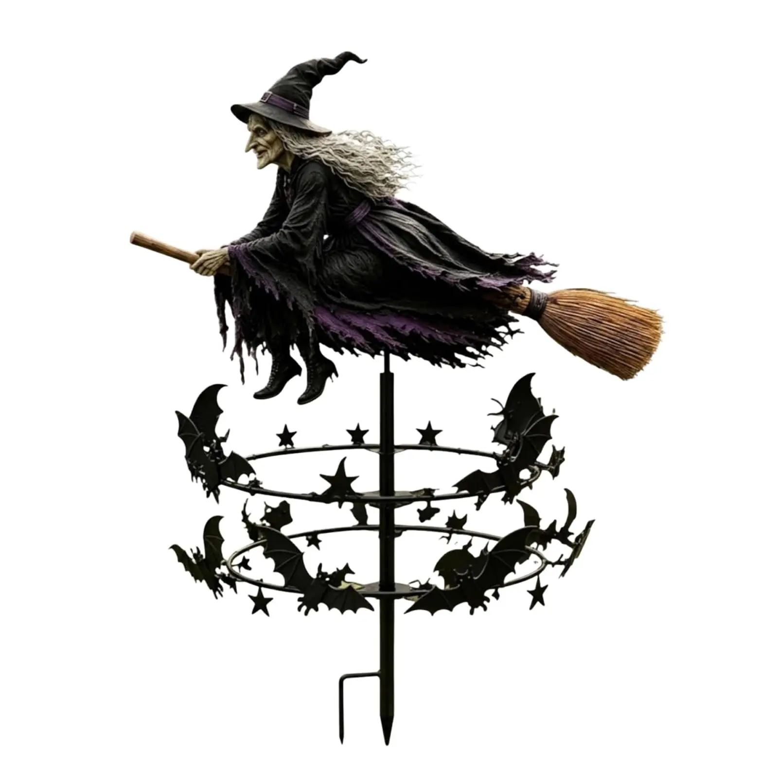 Halloween Witch Broom Outdoor Wind Spinner, Metal Garden Rotating Bell Ornament, UV Resistant, Easy Install, Festival Decor