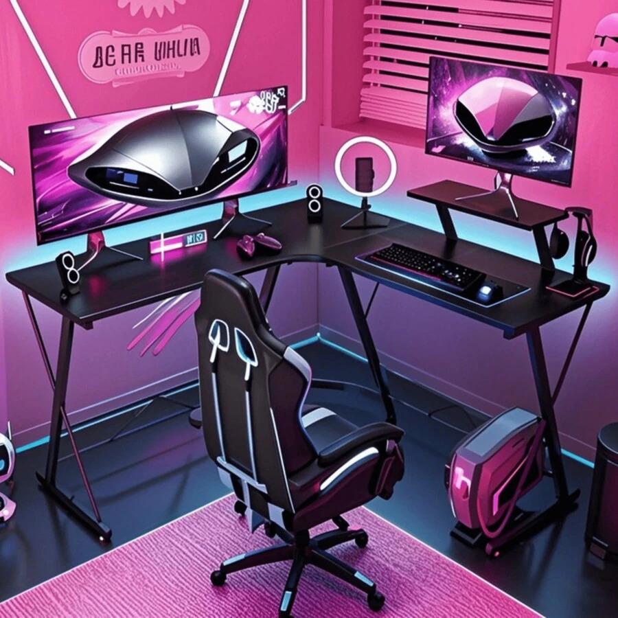 L-Shaped Corner Gaming Computer Desk 51 Inch, Carbon Fiber Surface Desk with Large Monitor Stand, Space-Saving Black Corner Table Ideal for Holiday Gifts