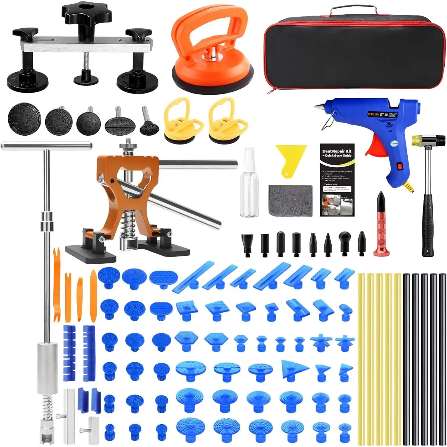 Paintless dent repair tool set, dent puller set, dent removal tool with metal dent lifter, bridge puller, slide hammer T-bar, car dent repair PDR tool set, car body dent puller, hail damage repair tool