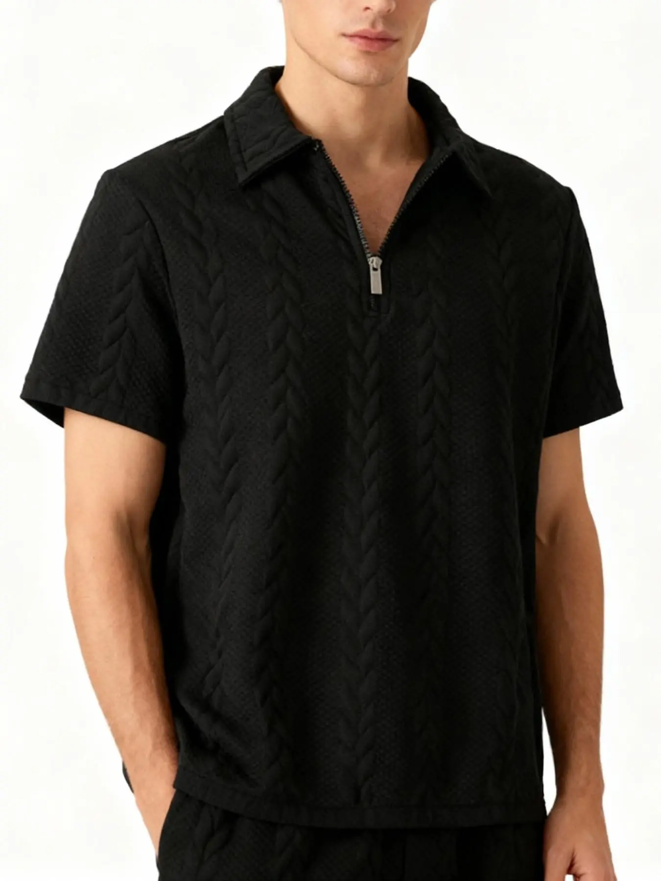 Premium Men's Cable Knit Quarter Zip Polo Tee, Casual Textured Collared Short Sleeve Shirt, Breathable Pullover For Lounging Vacation Golf Casual Wear