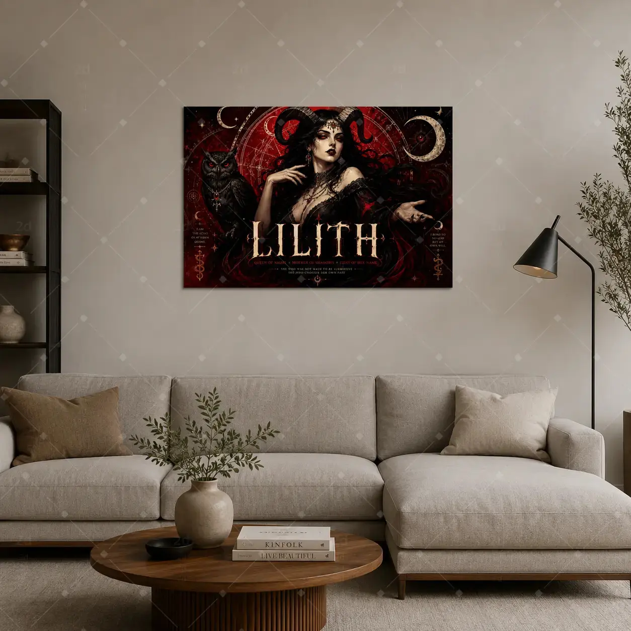 Trendy Decor Poster Print, Dark Gothic Horned Lady Owl Moon Occult Canvas Wall Art, Vintage Red Witch Mystical Symbol Painting For Living Room Bedroom Bar Tattoo Shop Halloween Apartment Wall Decor, Available as Unframed Canvas Poster or Framed Canvas Wra