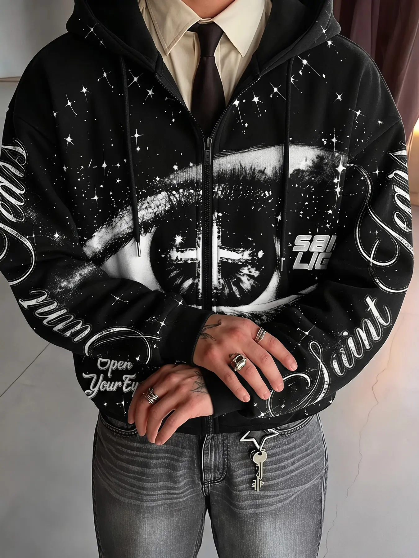 Men's Cropped Zip‑Up Hoodie, Starry Sky Eye & Letter Graphic Print Hooded Jacket, Oversized Drop‑Shoulder Y2K Punk Streetwear, Casual Autumn Outerwear