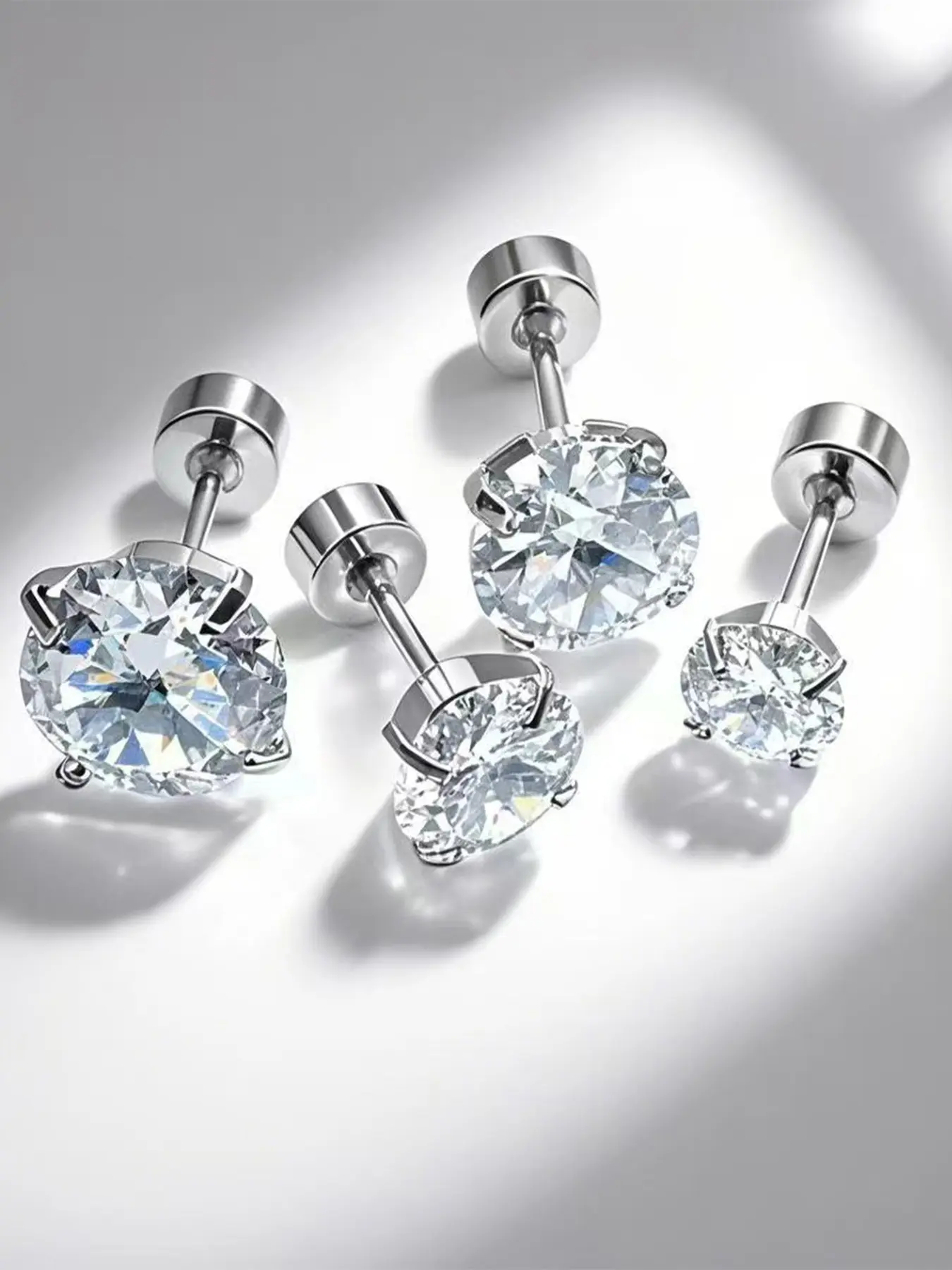 4pcs Stainless Steel Threaded Four-Prong Zircon Earrings, Ear Studs, Hypoallergenic Surgical Steel, Unisex, Ideal for Sensitive Ears, High Quality Earrings